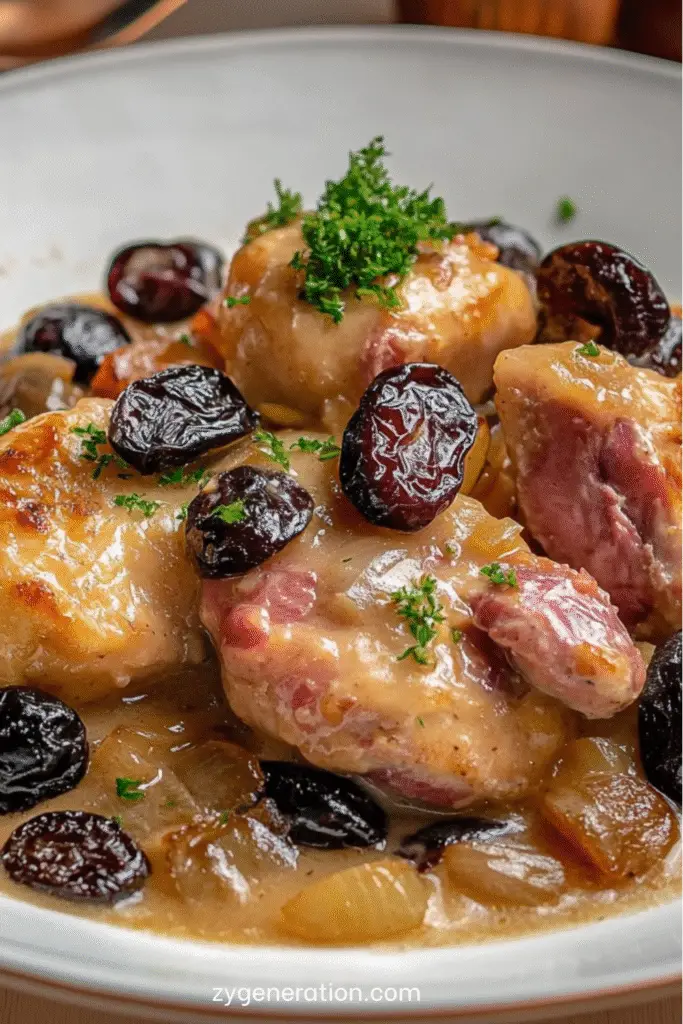 Lapin mijoté en sauce au vin blanc avec pruneaux fondants et persil frais, servi avec pommes de terre vapeur.