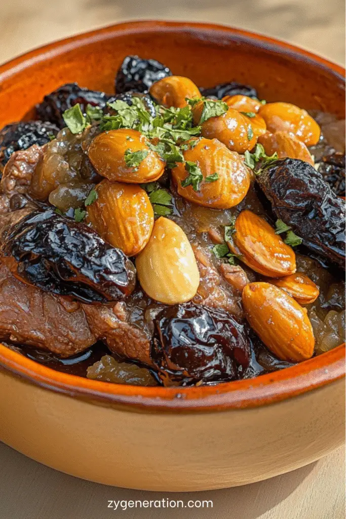 Tajine marocain d’agneau mijoté aux pruneaux, amandes grillées et miel, servi avec coriandre fraîche et semoule.