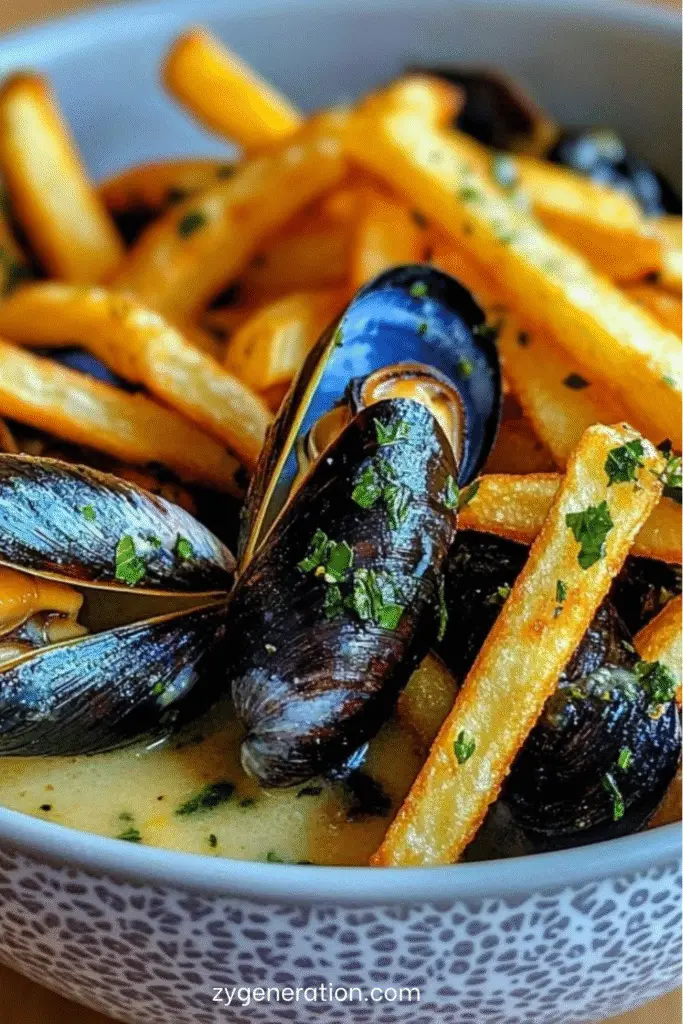 Plat de moules-frites traditionnelles : moules en sauce crémeuse au vin blanc et persil, servies avec des frites maison croustillantes.