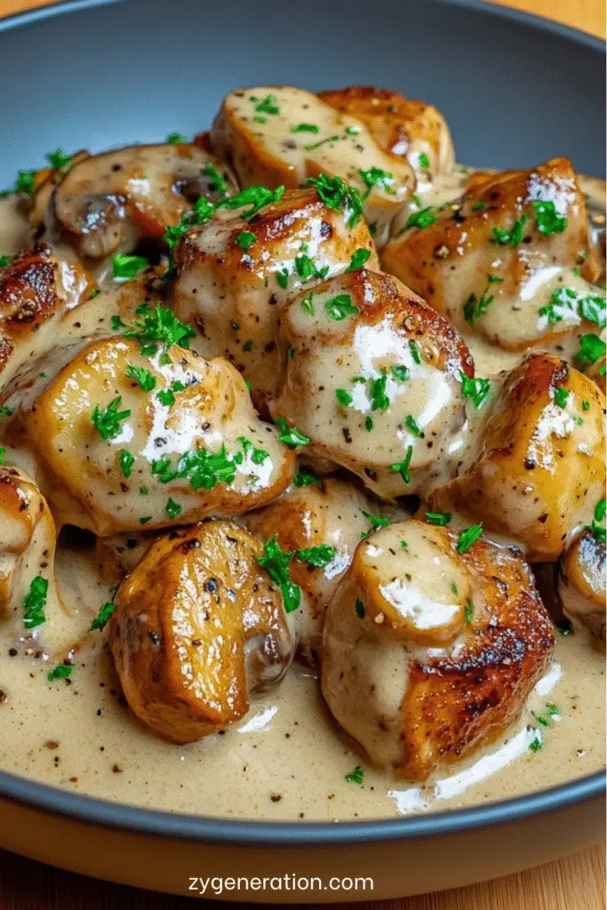 Sauté de porc crémeux aux champignons de Paris et persil frais, nappé d’une sauce onctueuse, servi avec du riz parfumé.