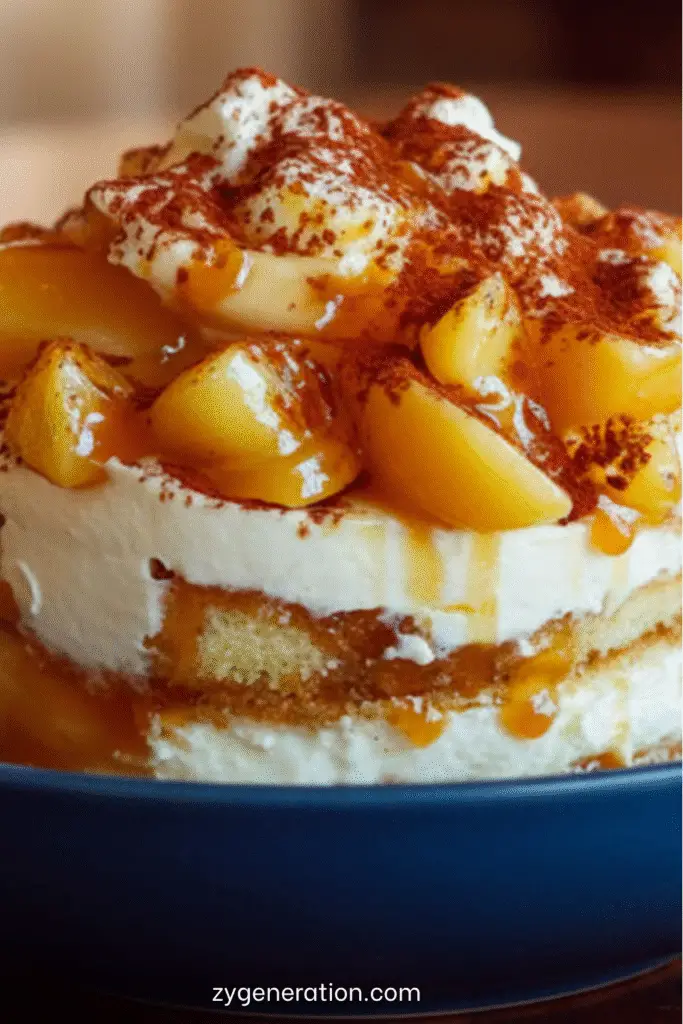 Tiramisu au caramel beurre salé garni de pommes poêlées à la cannelle, présenté en verrines avec cacao saupoudré.