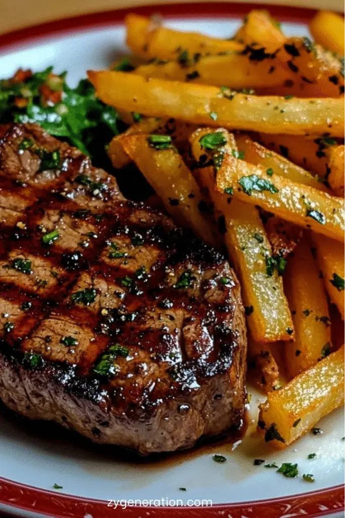 Assiette de steak-frites à la française avec un steak grillé juteux et des frites maison croustillantes, servies avec persil frais