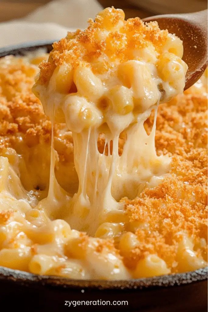 Plat de Mac & Cheese gratiné, doré au four, avec des macaronis enrobés d’une sauce crémeuse au cheddar et recouverts d’une croûte croustillante de chapelure et de parmesan.