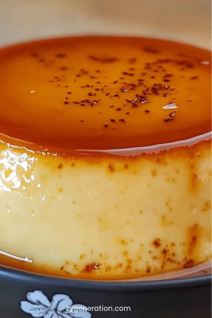 Crème caramel maison démoulée sur une assiette, nappée d’un caramel doré et brillante, servie fraîche avec texture fondante et surface lisse.