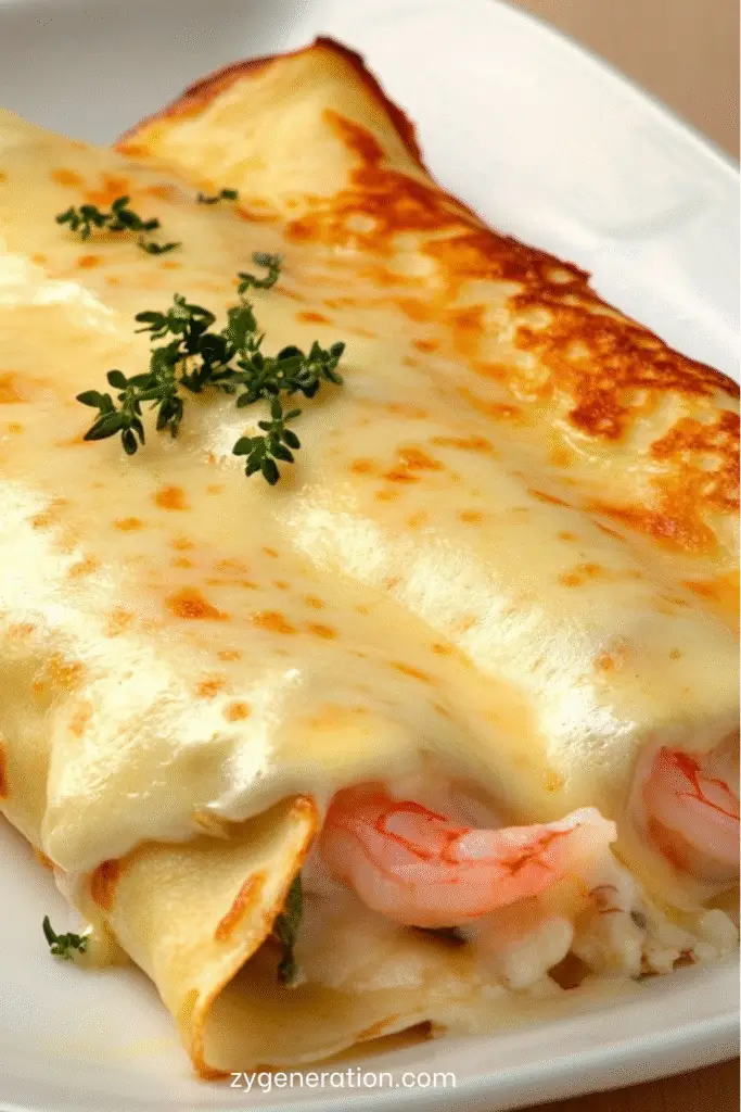 Plat de crêpes gratinées aux crevettes, moules et calamars, nappées de béchamel et gratinées au fromage doré, servies avec du persil frais dans un plat à gratin chaud.