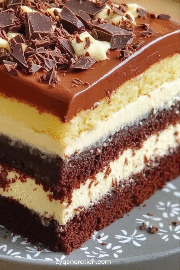 Gâteau au chocolat double crème sur assiette, alternant génoises nature et chocolat, nappé de ganache brillante et décoré de copeaux de chocolat noir et blanc.