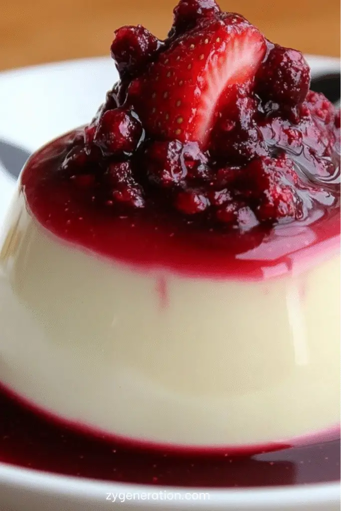 Panna cotta légère à la vanille servie dans une verrine, nappée d’un coulis de fruits rouges brillant et décorée de framboises fraîches et de menthe.