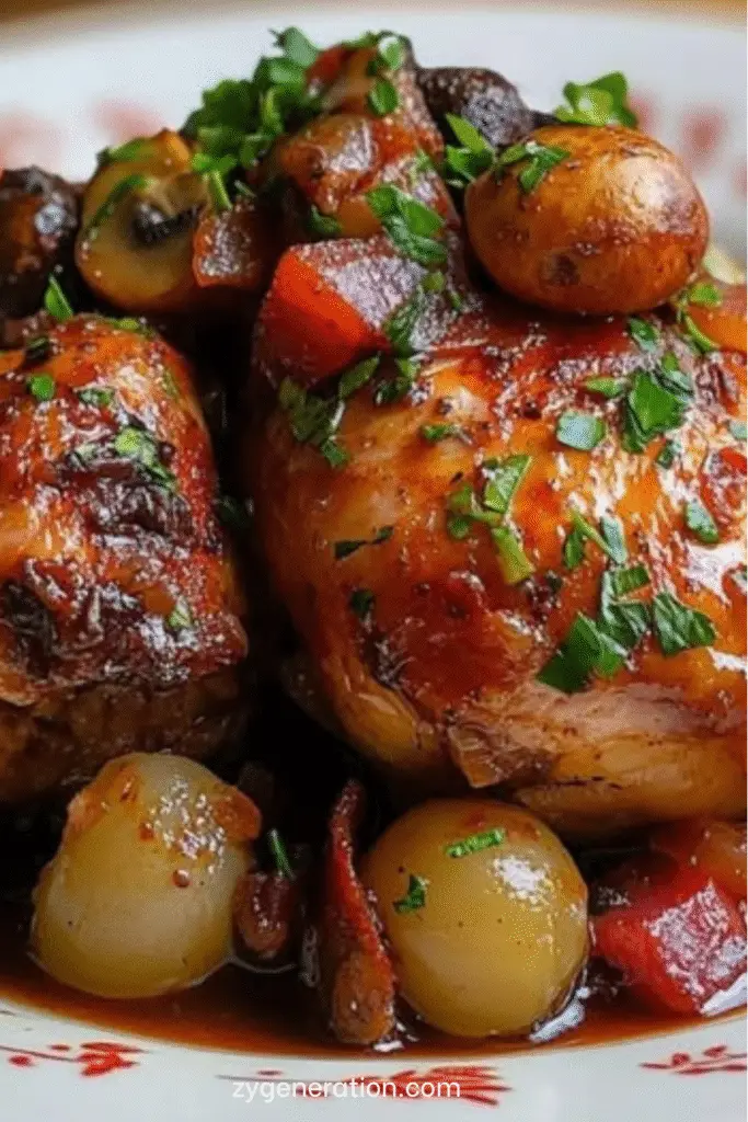 Plat de coq au vin traditionnel servi dans une cocotte en fonte, avec sauce au vin rouge, oignons grelots, champignons et carottes, décoré de persil frais.
