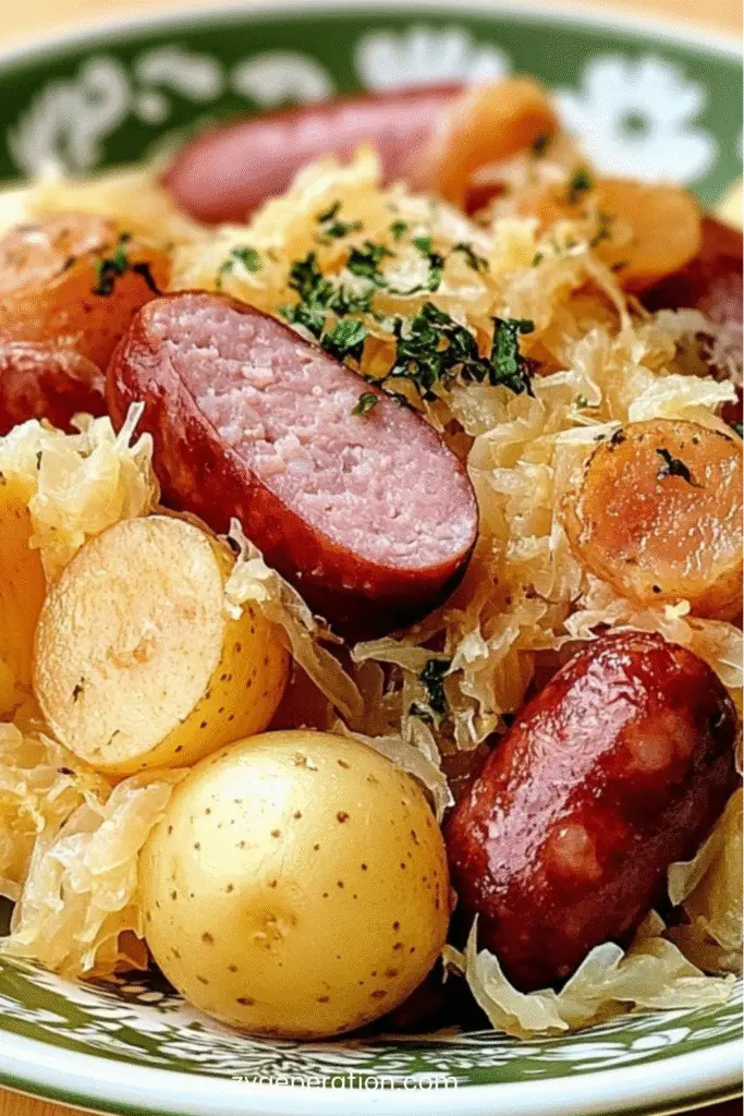 Choucroute garnie à l’alsacienne servie dans un grand plat rustique avec chou fermenté, saucisses, palette fumée, poitrine, pommes de terre et persil frais.