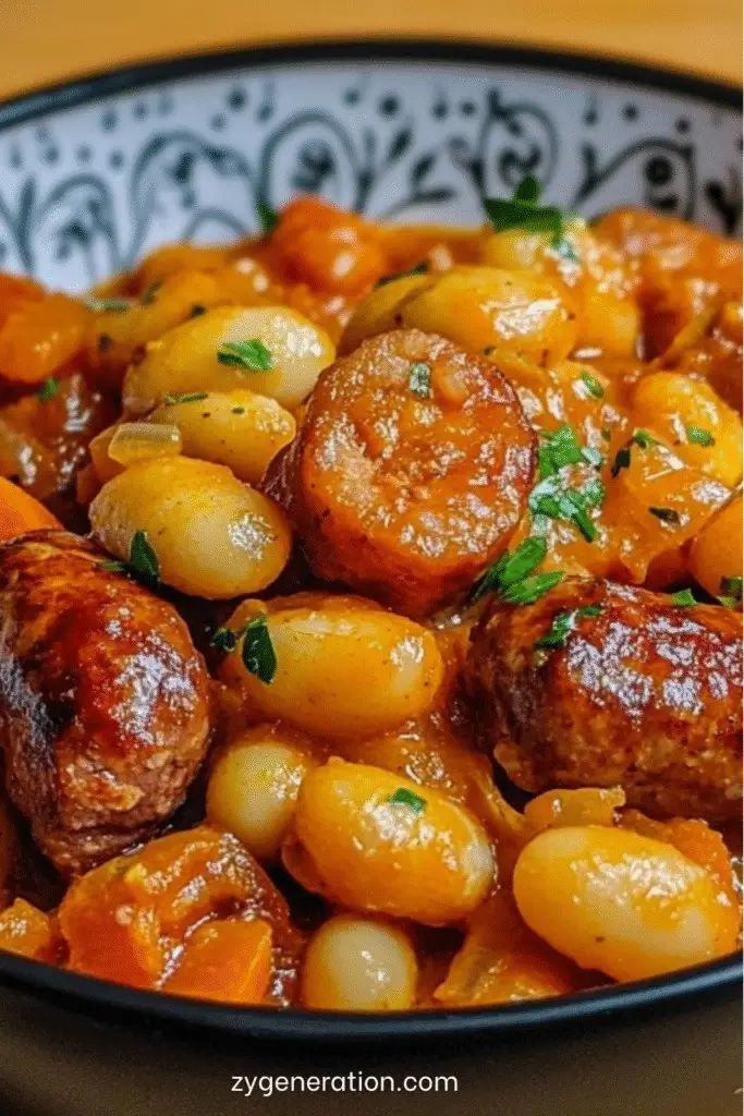 Cassoulet maison traditionnel servi dans une cassole en terre cuite, garni de haricots blancs, confit de canard doré, saucisses et lard fumé, prêt à déguster.