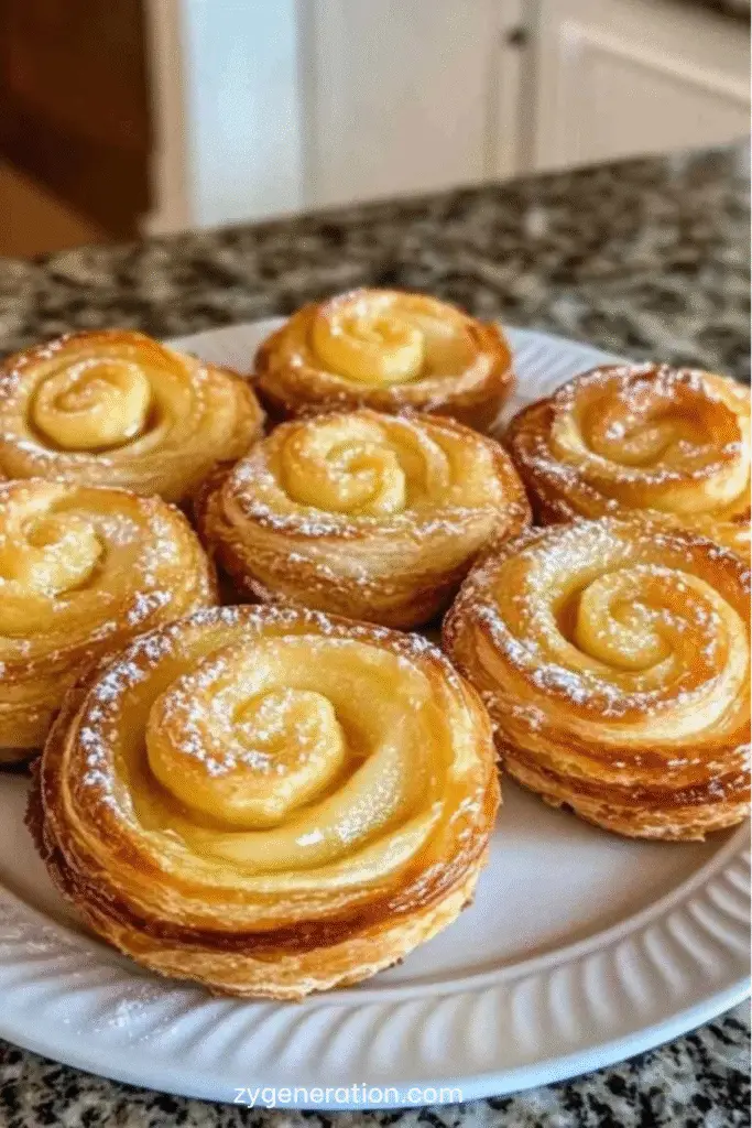 Roulés feuilletés aux pommes dorés et croustillants, saupoudrés de sucre glace, servis tièdes sur une assiette avec quelques tranches de pomme et un filet de caramel.