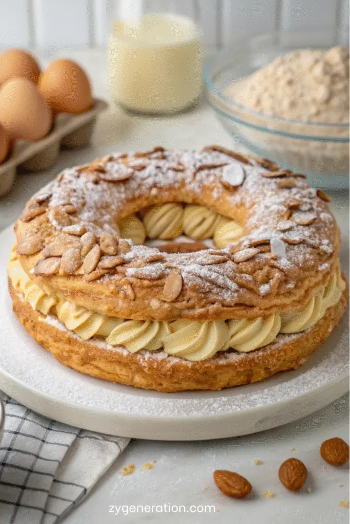 Paris-Brest classique à la praline – couronne de pâte à choux dorée garnie d’une crème pralinée onctueuse, décorée d’amandes effilées et de sucre glace, servie sur un plat blanc élégant.