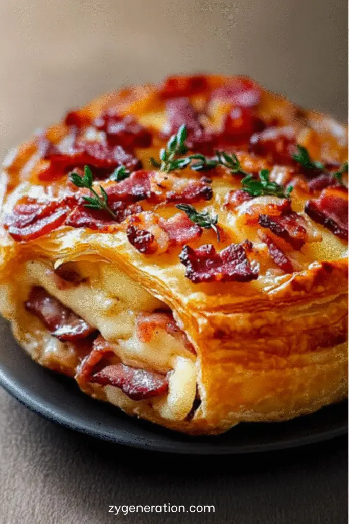 Feuilleté au camembert et lardons doré au four – croûte croustillante, cœur fondant de camembert et éclats de lardons fumés, servi sur une planche rustique avec salade verte fraîche.