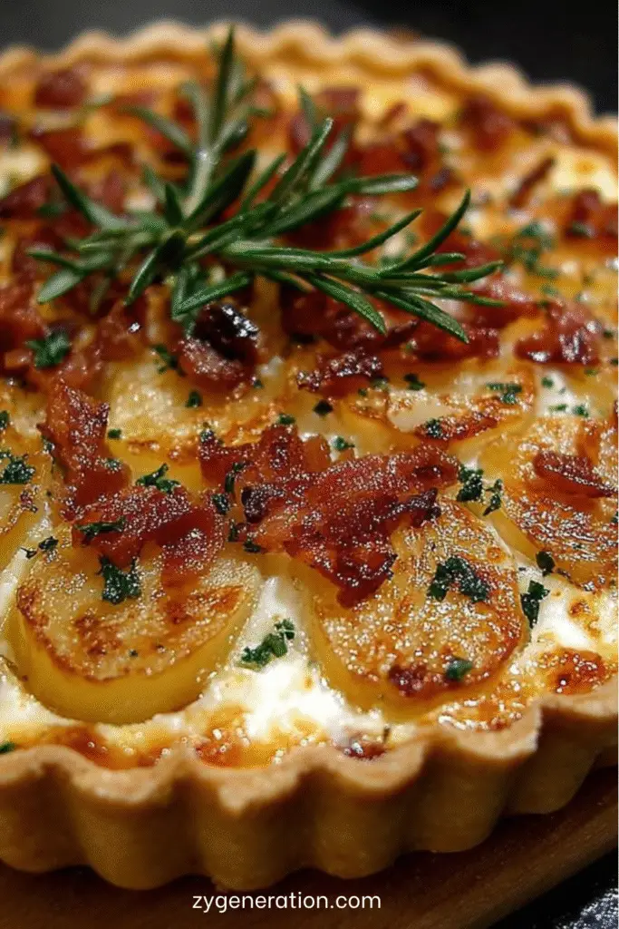 Tarte aux pommes de terre, camembert et lardons dorée au four
