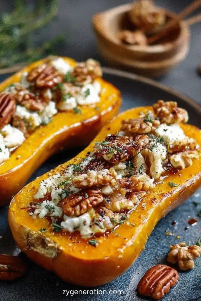 Courges butternut farcies au chèvre, noix et miel dorées au four, garnies de fromage fondant et de noix grillées