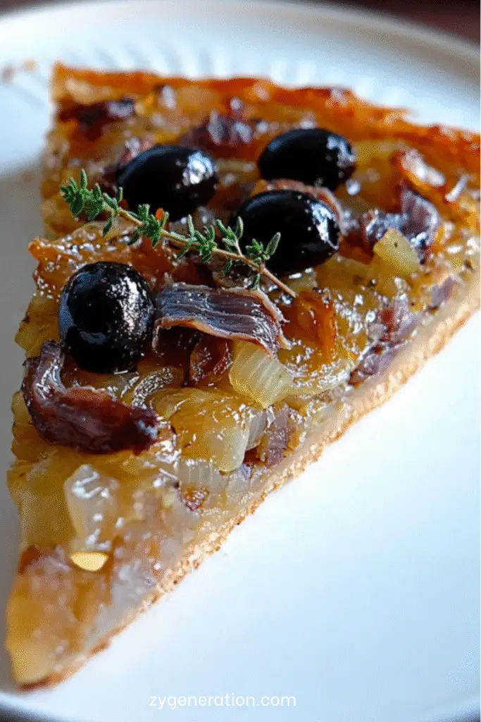 Pissaladière provençale maison aux oignons caramélisés, anchois et olives noires, dorée au four et servie sur une planche rustique en bois.