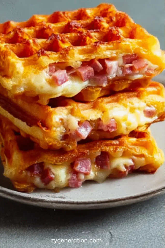 Gaufres salées dorées au jambon et fromage fondu, servies chaudes sur une assiette avec salade verte et herbes fraîches.