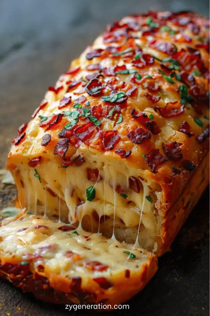 Cake salé au Comté et lardons fumés, doré et moelleux, coupé en tranches épaisses sur une planche en bois avec salade verte en accompagnement.