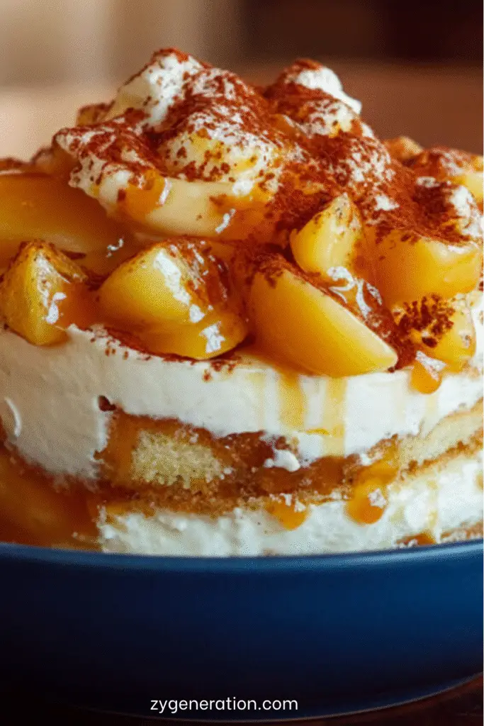 Tiramisu au caramel beurre salé et pommes poêlées dorées, dressé en verrines, nappé de caramel et saupoudré de cacao pour un dessert fondant et élégant.