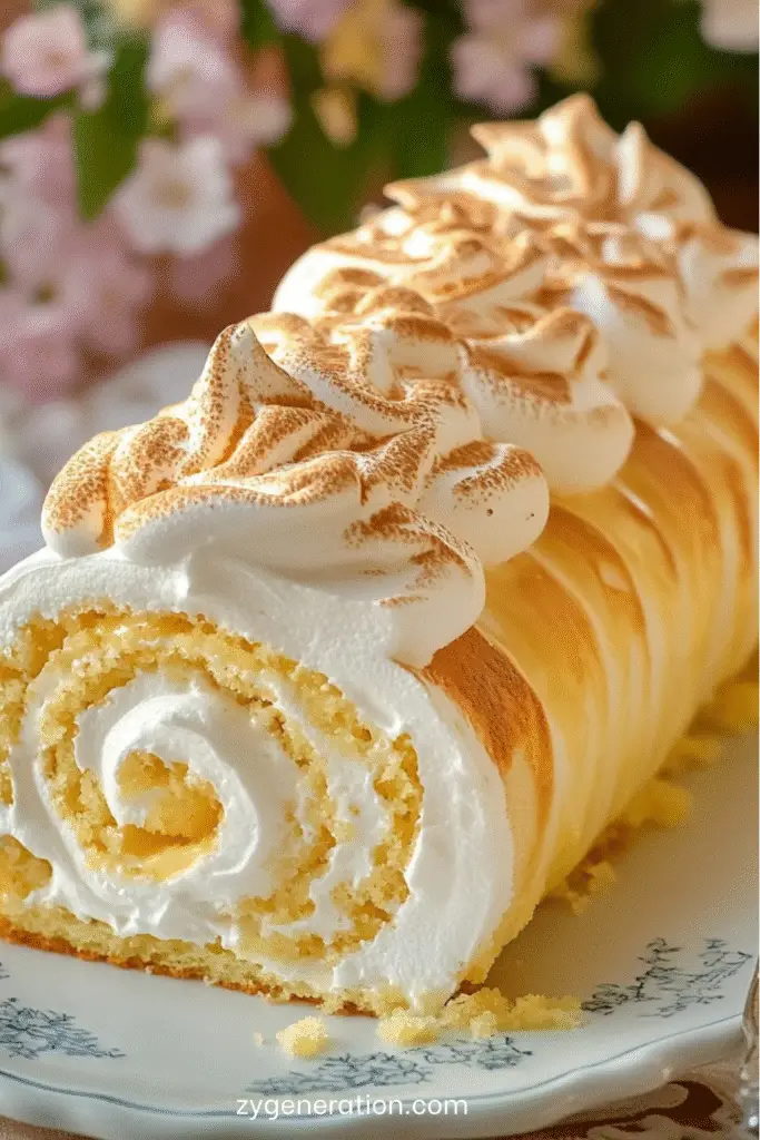 Gâteau roulé au citron et meringue dorée, garni de lemon curd brillant, tranché sur une assiette avec zeste de citron et décor de meringue italienne.