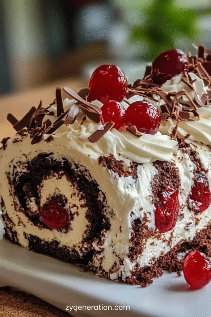 Gâteau roulé Forêt-Noire au chocolat et cerises, décoré de chantilly, copeaux de chocolat noir et cerises fraîches, présenté sur un plat gourmand.