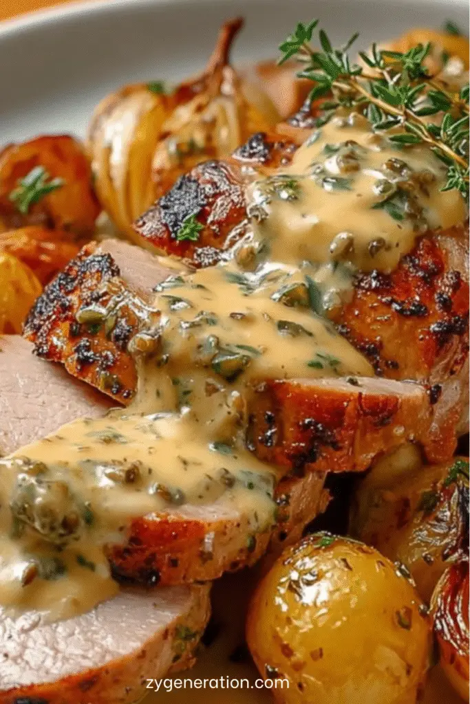 Filet mignon de porc rôti à la moutarde ancienne, nappé de sauce crémeuse aux oignons fondants, servi avec pommes de terre et herbes fraîches.