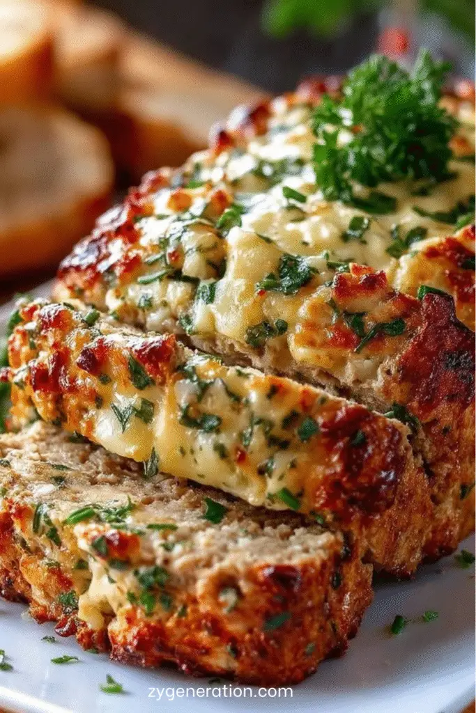 Pain de viande au poulet, ail et parmesan doré au four, tranché sur une planche, accompagné d’herbes fraîches et de légumes rôtis.