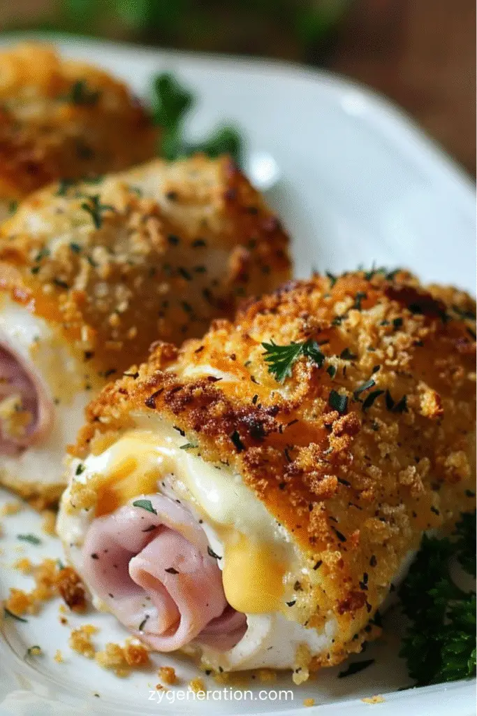 Roulés de poulet cordon bleu dorés au four, garnis de jambon et fromage fondant, servis tranchés sur une planche avec salade verte.