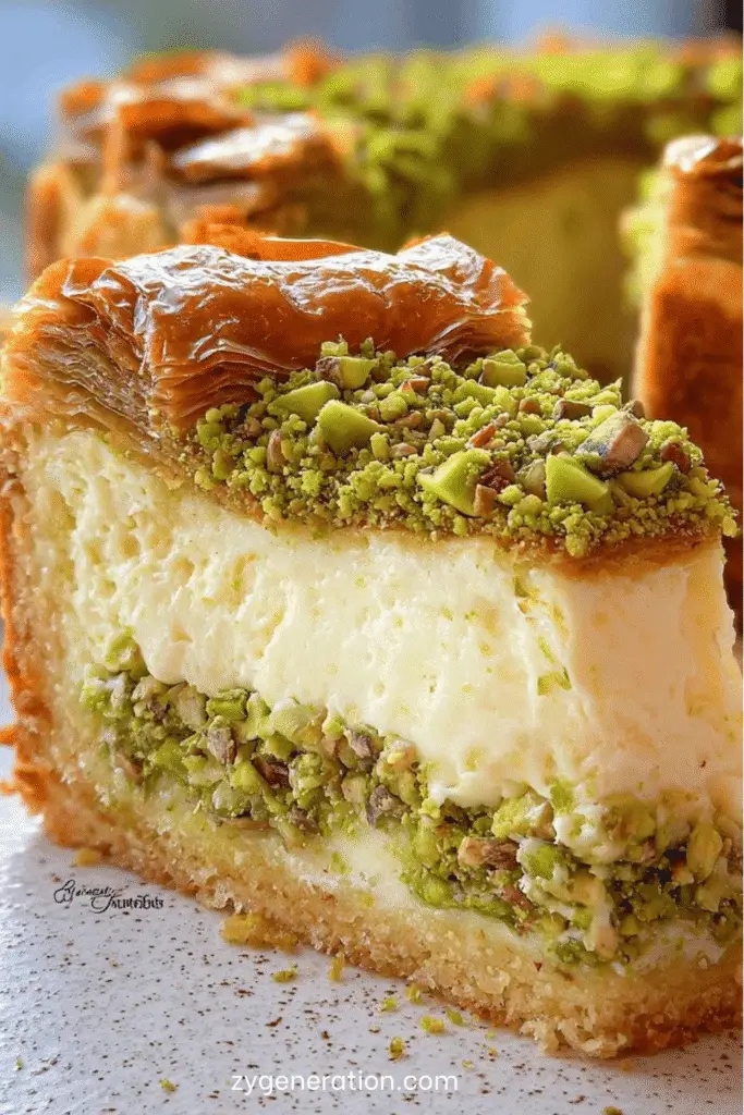 Cheesecake baklava à la pistache, garni de miel et éclats de pâte filo croustillante, décoré de pistaches concassées sur une assiette dorée.