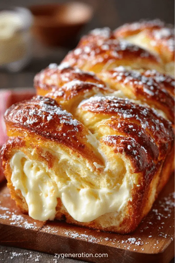Babka au mascarpone dorée et tressée, coupée en tranches sur une planche, saupoudrée de sucre glace et garnie de zestes d’orange.