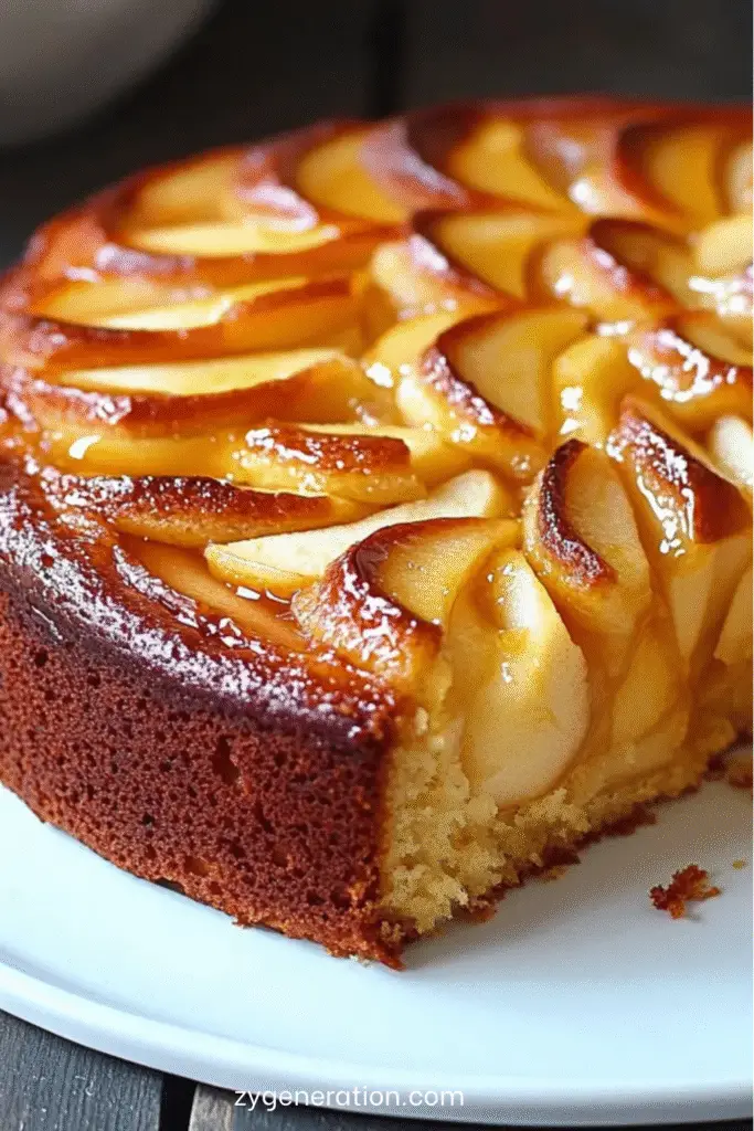 Gâteau fondant aux pommes, frangipane et mascarpone, doré au four, décoré de tranches de pommes et saupoudré de sucre glace.