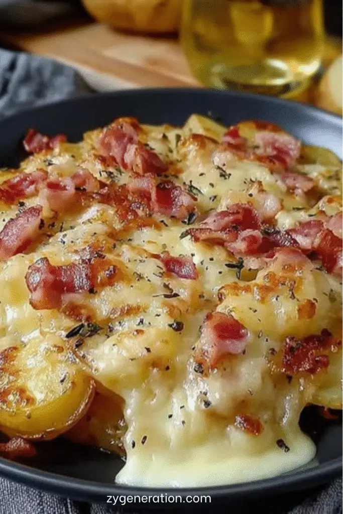 Poêlée de pommes de terre dorées au lard fumé croustillant, oignons caramélisés et persil frais dans une poêle en fonte fumante.