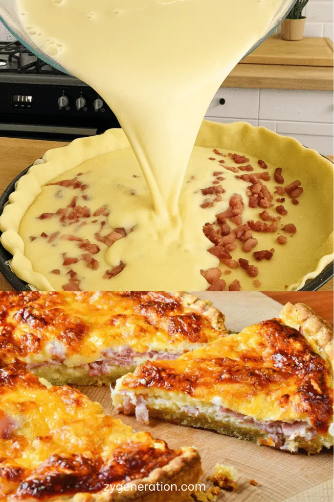 Quiche Lorraine dorée et moelleuse, garnie de lardons fumés, servie tiède sur une planche avec une salade verte fraîche.
