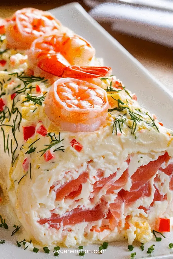 Bûche aux Saint-Jacques et saumon fumé roulée, garnie de fromage frais et d’herbes, décorée de crevettes et zestes de citron.