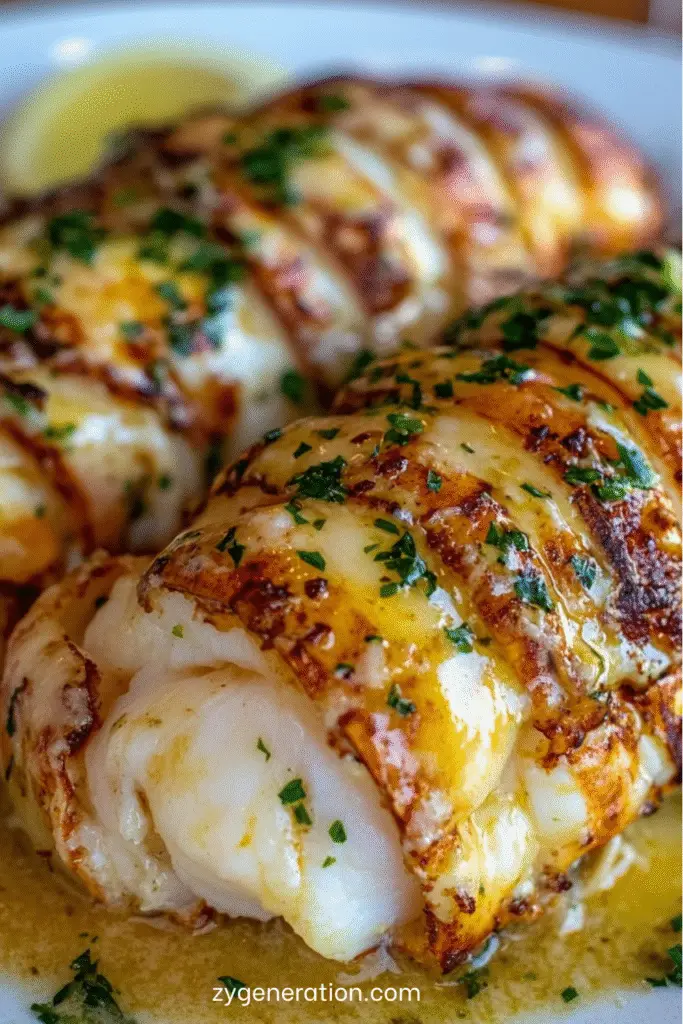 Queues de homard grillées au beurre à l’ail et citron, servies avec persil frais et quartiers de citron sur une assiette blanche élégante.