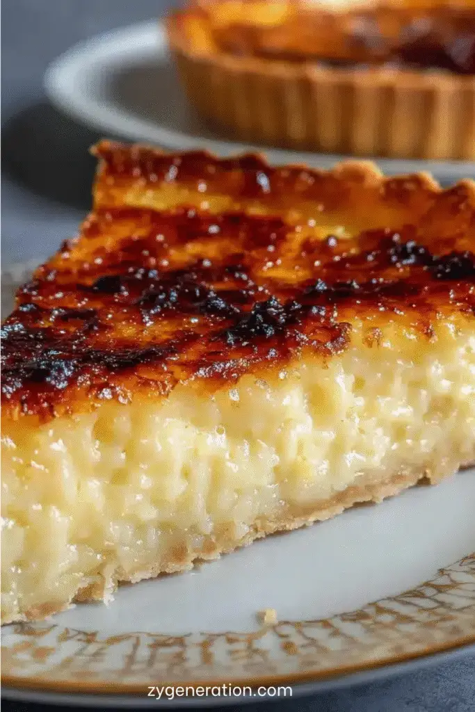Tarte au riz de Verviers dorée, garnie de riz au lait vanillé, servie tiède sur une assiette avec sucre glace et café noir.