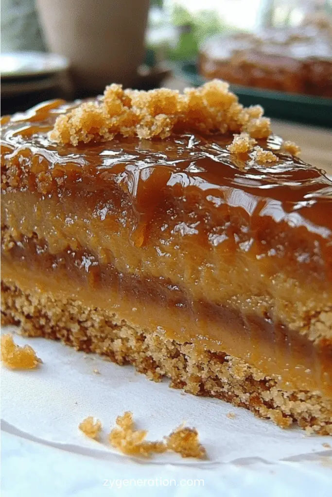 Gâteau doré au caramel beurre salé, nappé d’un glaçage brillant, servi sur une assiette blanche avec un filet de caramel coulant.