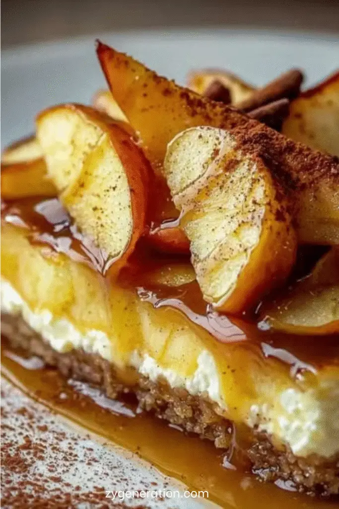 Fondant aux pommes et mascarpone doré, décoré de lamelles de pommes caramélisées, servi sur une assiette blanche avec une cuillère de crème.