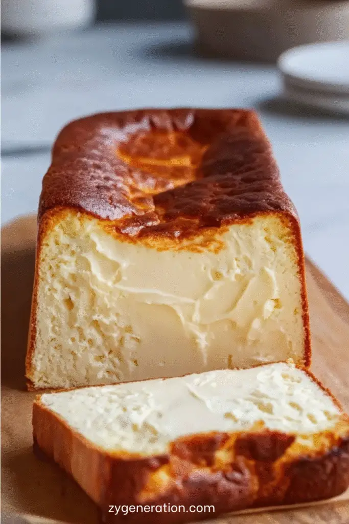 Cheesecake basque brûlé en cake, doré et caramélisé sur le dessus, tranché pour révéler sa texture fondante et crémeuse.