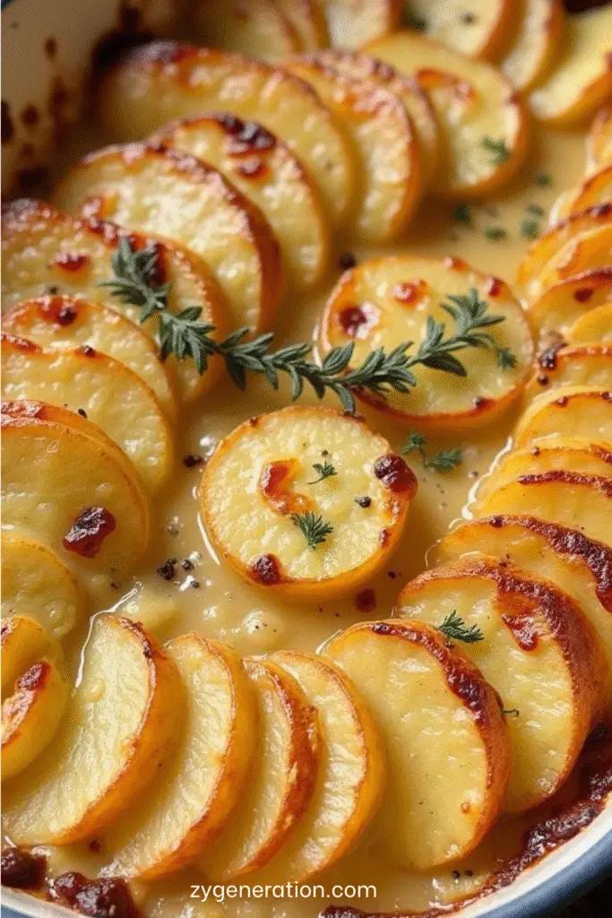 Gratin dauphinois doré et crémeux, servi dans un plat en céramique, avec des pommes de terre fondantes nappées de crème.