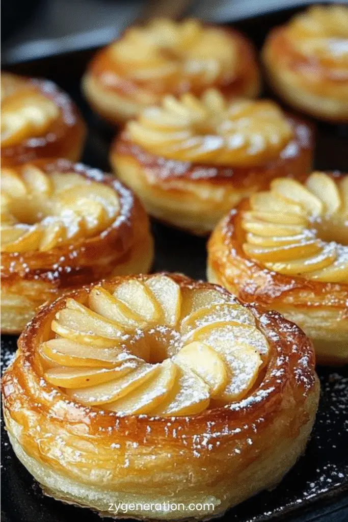 Tartelettes aux pommes dorées sur pâte feuilletée croustillante, disposées en rosace et nappées d’un glaçage brillant à la confiture d’abricot.