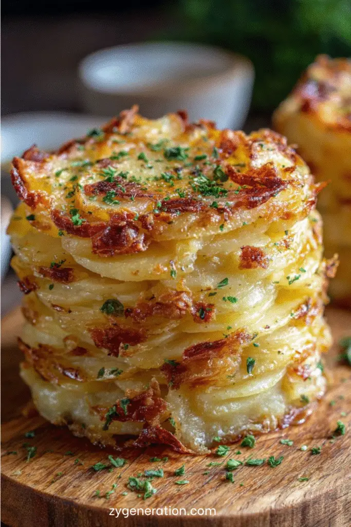 Piles de pommes de terre croustillantes dorées au four, superposées dans un moule à muffins, garnies d’herbes et de parmesan, servies chaudes sur une assiette rustique.