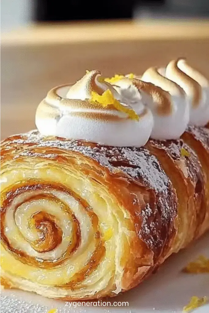 Roll citron meringué à la New-Yorkaise : rouleau feuilleté garni de lemon curd crémeux et surmonté d’une meringue dorée au chalumeau, présenté sur assiette gourmande.