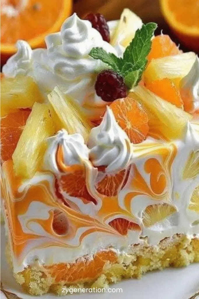 Cheesecake sans cuisson à l’orange et à l’ananas, garni de crème fouettée, tranches d’orange et morceaux d’ananas, sur base de biscuits Graham dorés.