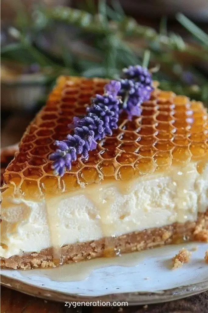 Cheesecake au miel et à la lavande surmonté d’un filet de miel doré et de fleurs fraîches de lavande, avec une base dorée croustillante en biscuits Graham.