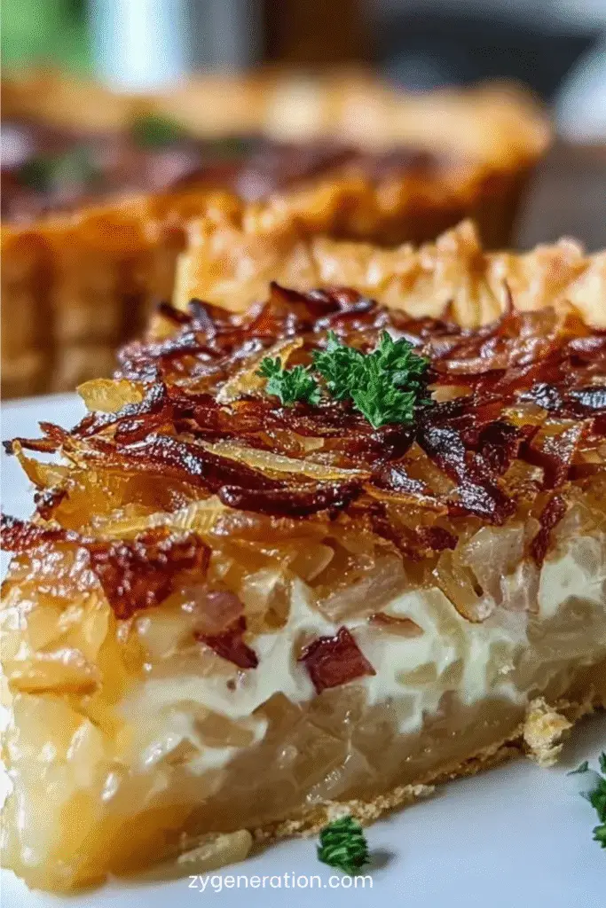 Tarte aux oignons allemande dorée et fondante, garnie de bacon croustillant et d’oignons caramélisés, servie sur une table rustique avec un verre de vin blanc.
