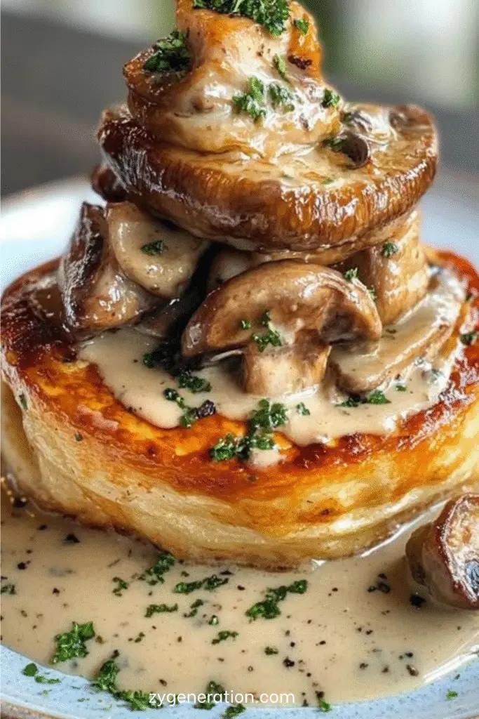 Vol-au-vent au poulet et champignons garni d’une sauce crémeuse, sur assiette blanche, décoré de persil frais et accompagné de légumes verts.