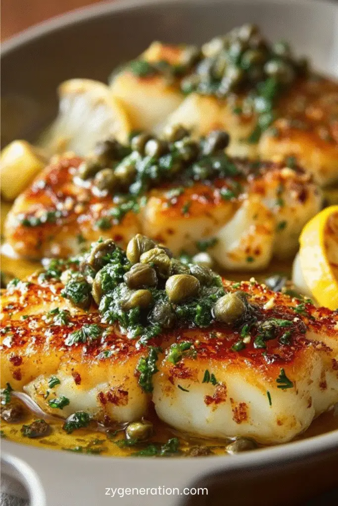 Filets de poisson poêlés nappés d’une sauce au beurre citronné et câpres, décorés de persil frais et servis sur assiette blanche avec quartiers de citron.