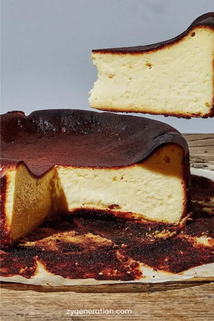 Cheesecake basque doré et caramélisé, au centre crémeux et tremblotant, présenté sur du papier sulfurisé rustique dans un moule à charnière.