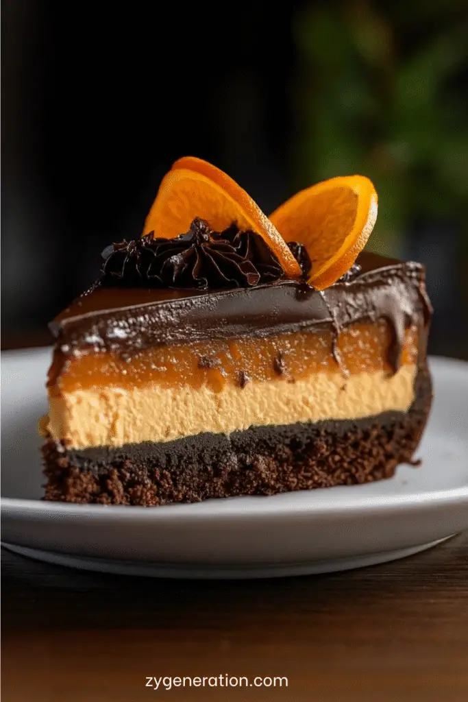 Cheesecake au chocolat et à l’orange avec ganache brillante, décoré de tranches d’orange confite et de copeaux de chocolat sur une assiette élégante.